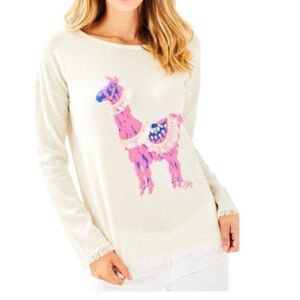 Lilly Pulitzer Cream Sweater with Pink Llama Design Cashmere size XS